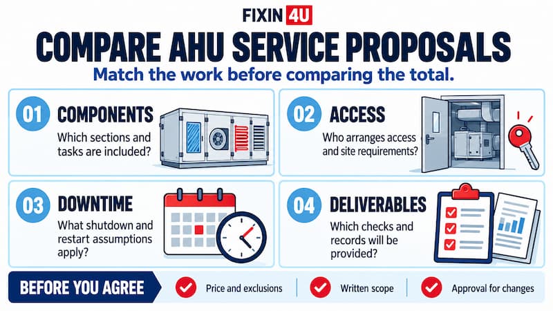Compare AHU proposals by checking component coverage, access responsibilities, downtime assumptions and deliverables, then confirm price, exclusions and change approval.