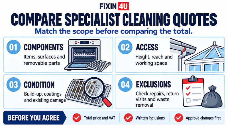 Compare specialist cleaning quotes by checking components, access, condition and exclusions, then confirm the total price, written inclusions and approval for changes.
