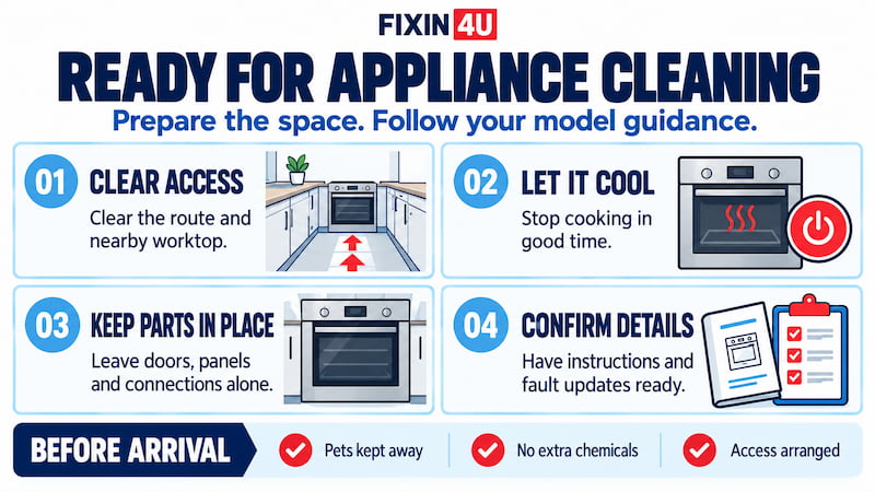 Appliance cleaning visit checklist: clear access, allow the appliance to cool, leave fitted parts in place and have instructions and condition updates ready.