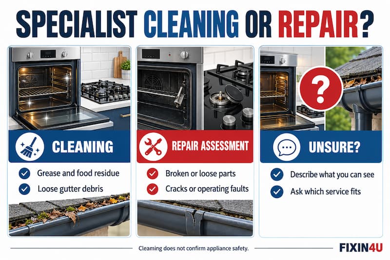 Specialist cleaning or repair: grease and loose debris suggest a cleaning enquiry; broken parts and operating faults need repair assessment.